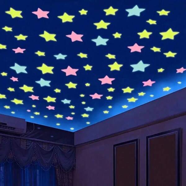 100 Pegatinas luminosas de estrellas para pared, decoraciones fluorescentes de techo con pequeños pentagramas brillando en la oscuridad, adecuadas para el hogar, dormitorio y decoración de la habitación