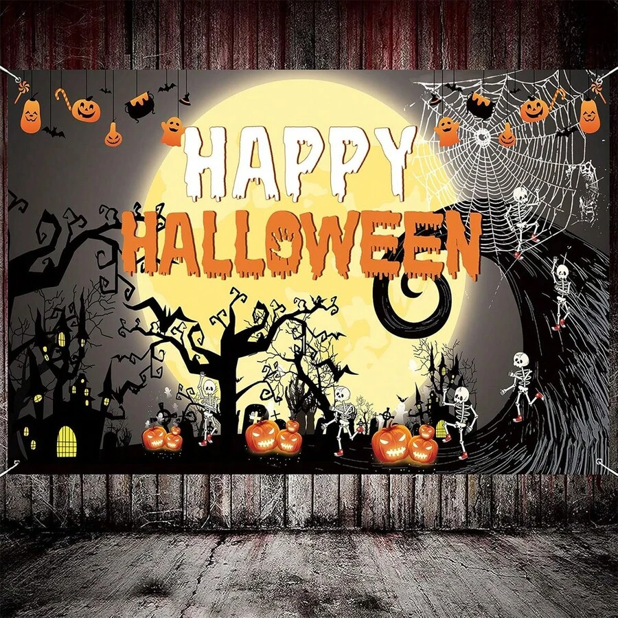 1pc Happy Halloween Themed Fabric Banner Background With Pumpkin, Ghost, Bat, Spider, Moon Halloween Photobooth Backdrop Party Decor - Multicolor - View 1