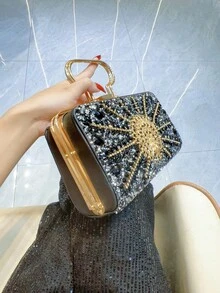Peacock Flower Embossed Evening Bag For Women, Formal Wedding Clutch With Rhinestones - Tote Bag With Round Pearl Buckle - Crystal Diamond Bag With Metal Chain - 金色 - 查看 3