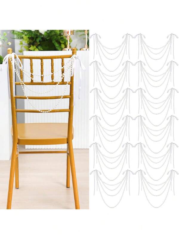 1pc Wedding Pearl Bow Chair Decoration Ribbon Bow Pearl Beaded Garland Aisle Chair Belt Decoration Ceremony Etiquette Party Banquet Decoration