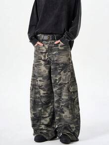 1条正义兄弟复古美式拼布设计水洗牛仔工装裤，休闲宽松阔腿裤（不含腰带和配饰） - 軍綠色 - 查看 3