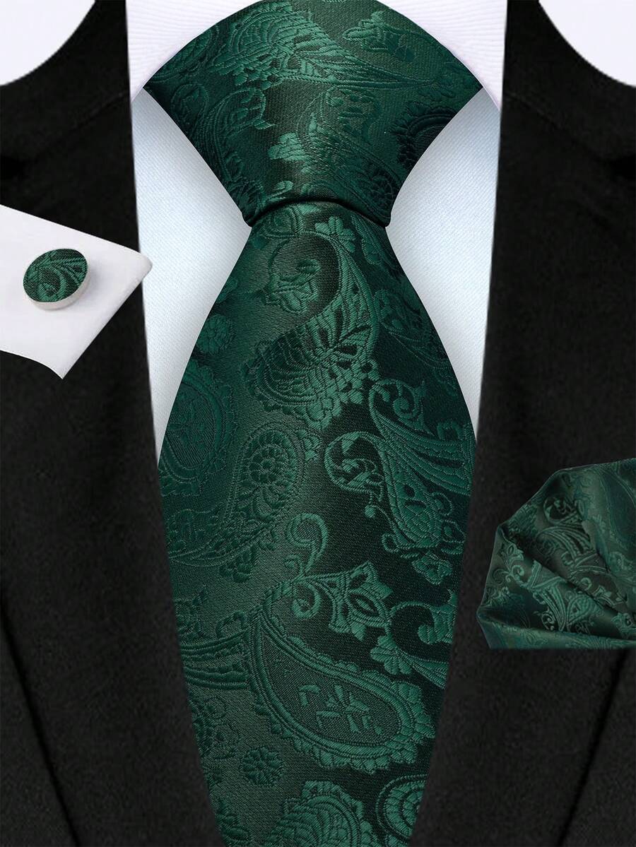 3pcs Set: 8cm Wide Olive Green Paisley Pattern Necktie, Handkerchief, And Cufflinks - High Quality Classic Fashion Business Casual Necktie Set, Suitable For Wedding, Christmas, Party Gifts For Men