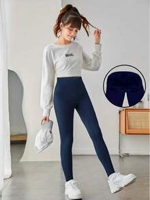 Plush LEGGING Pants For Children And Young People, Ideal For Physical Activity, High Waist, Thermal Inside - 藍色 - 查看 1