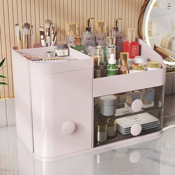 Organizador de maquillaje, caja a prueba de polvo para el escritorio, gran capacidad para productos de cuidado de la piel, estilo de cajón de tocador, estante de almacenamiento transparente para lápices labiales, de vuelta a la escuela