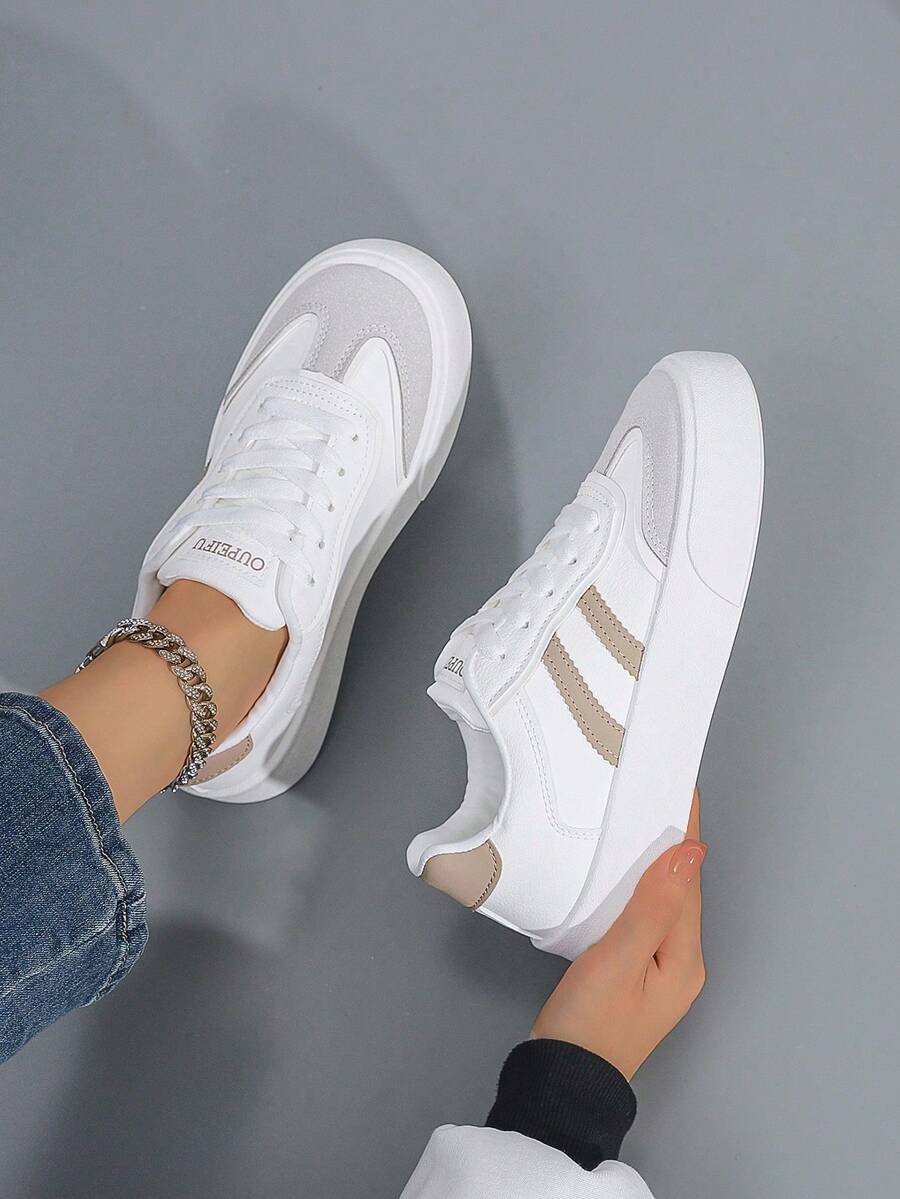 女士 2025 年春夏休闲运动鞋 - 轻质 PU 外层低帮鞋，透气面料衬里，柔软橡胶鞋底和条纹设计，适合学校、办公室、休闲装