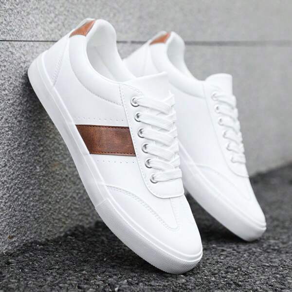 Tênis de skate masculino com blocos de cores - Tênis casual cano baixo antiderrapante - Caminhada ao ar livre primavera verão