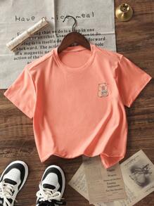 Camiseta de manga corta de cuello redondo con estampado naranja para niñas y adolescentes estudiantes, parte superior de verano informal