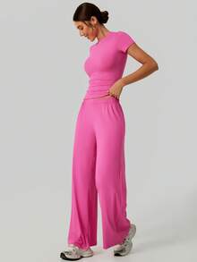 NcmRyu Conjunto deportivo de mujer de unicolor, sexy, de ajuste ceñido, de cintura alta, holgado y cómodo - Rosa Fucsia - Ver 2