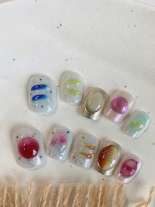 10Pcs Handmade Nail Nail Armor Candy Color Dopamine Cartoon Cute Children's Style Candy Bubble Short Square Wearable Nail Stickers, Reusable As Gifts For Nail Art Design, Daily Use, And Holiday Party Gifts For Girls' Nail Products