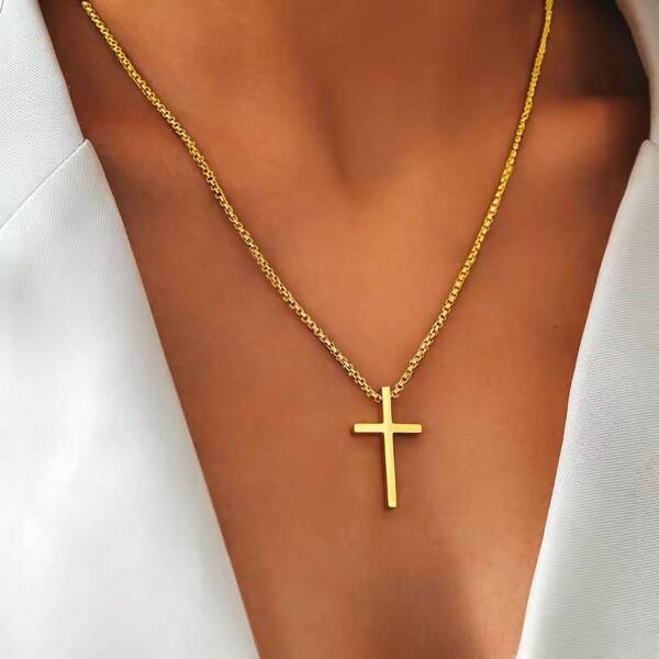 Einfache Kreuzanhänger Kette aus Titan-Edelstahl für Herren & Damen - 18 Karat Goldkette, Modeschmuck Geschenk für Jahrestag/Weihnachten, wasserdicht