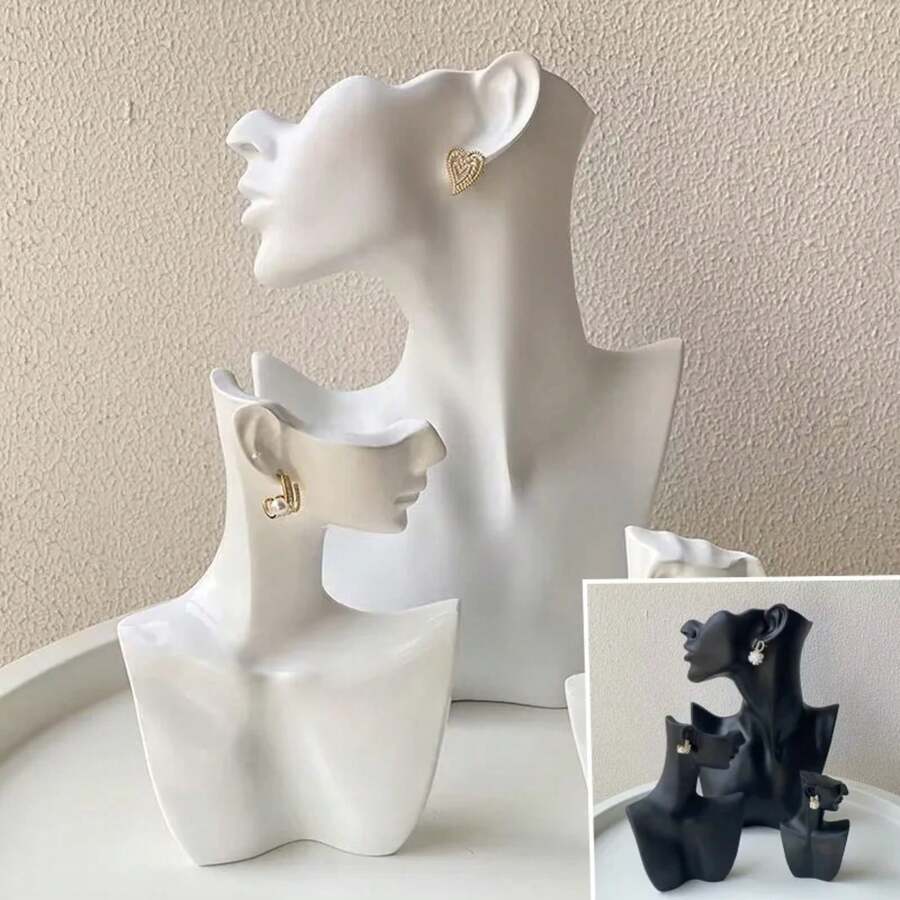 Maniquí de cara lateral de resina, soporte para presentación de joyería, cabeza, busto, retrato, collar, pulseras, pendientes, soporte para estante de almacenamiento de joyería, 1. TWPK - S-NEGRO - Ver 1