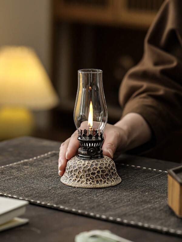 1 Stück handgefertigte keramische vintage Glasöl-Lampe Kerzenlampe - traditioneller antiker Stil windgeschützte Lampe für Atmosphärenbeleuchtung, mit einstellbarem Flammenregler und Glasschirm - Dekorative Innen-/Außenlaterne, geeignet für Camping, Zuhause, Feiertage (Weihnachten, Ostern, Ramadan, Valentinstag) - ohne Treibstoff, Campinglampe, Innen-Öllampe, verfeinertes Licht