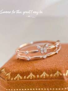 1 pieza Anillo de doble capa elegante de plata de ley 925 con diseño de mariposa y circonita cúbica, joyería de moda para uso diario/fiesta, regalo para mujeres