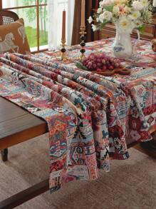 1pc Rectangular Patterned Geometric Tablecloth, Bohemian Thickened Polyester Dust-Proof Heat-Resistant Tablecloth For Daily Home Use, Festivals, Birthday Parties And Other Dining Table Decor