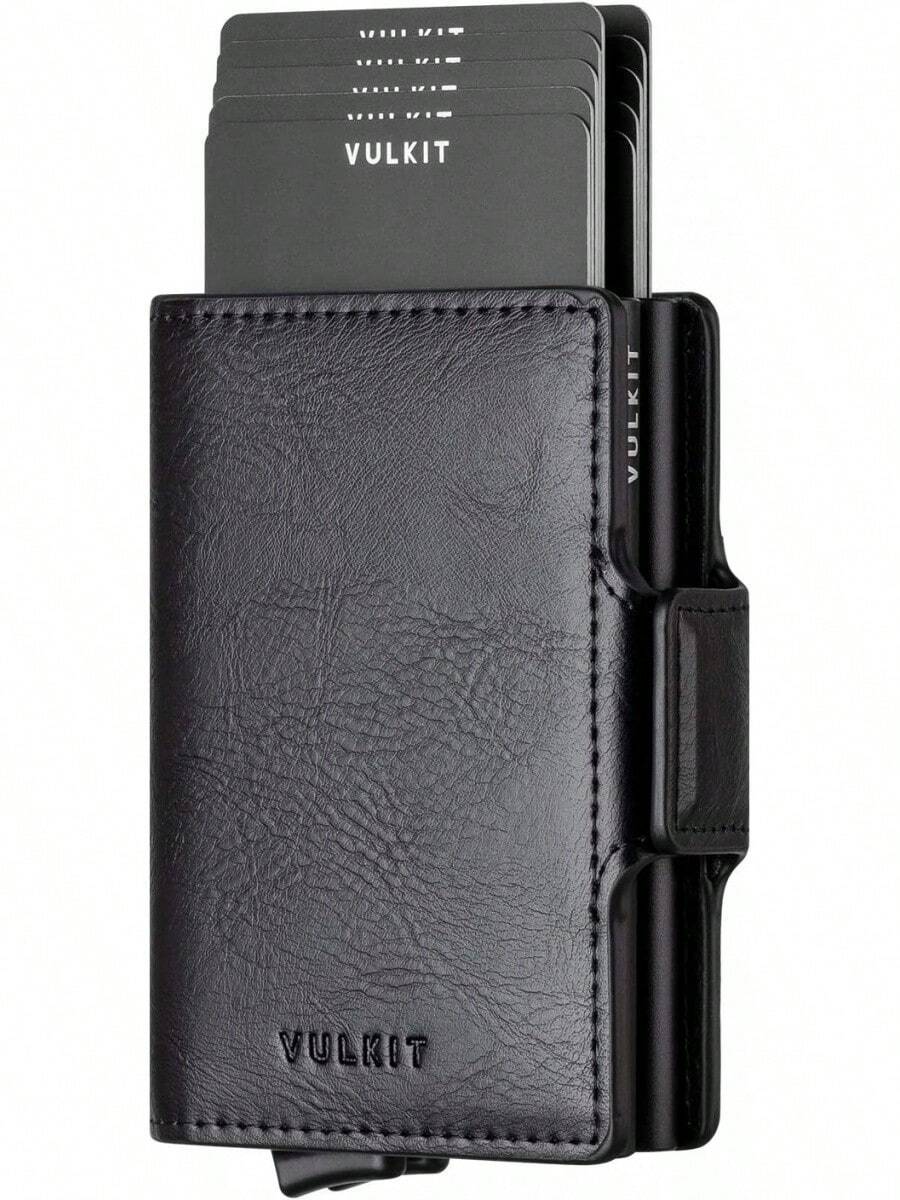 VULKIT Portatarjetas de crédito con bloqueo RFID de piel automático plegable delgado con clip de dinero doble para hombres y mujeres - Café exprés - Ver 1