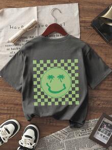 1pc Tween Boy Palm Tree & Smiling Face Print Short Sleeve T-Shirt, Summer Top Preparing For Beach Play - Dark Grey - View 3
