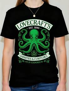 Camiseta de  180g de algodón, Lovecraft's, diseño de pulpo verde, cuello redondo, manga corta, estilo vintage, llamativa y única, prendas con impresión de alta calidad, ideal para los amantes del misterio, moda cómoda y auténtica, perfecta para el día a día con toque geek. - Negro - Ver 1