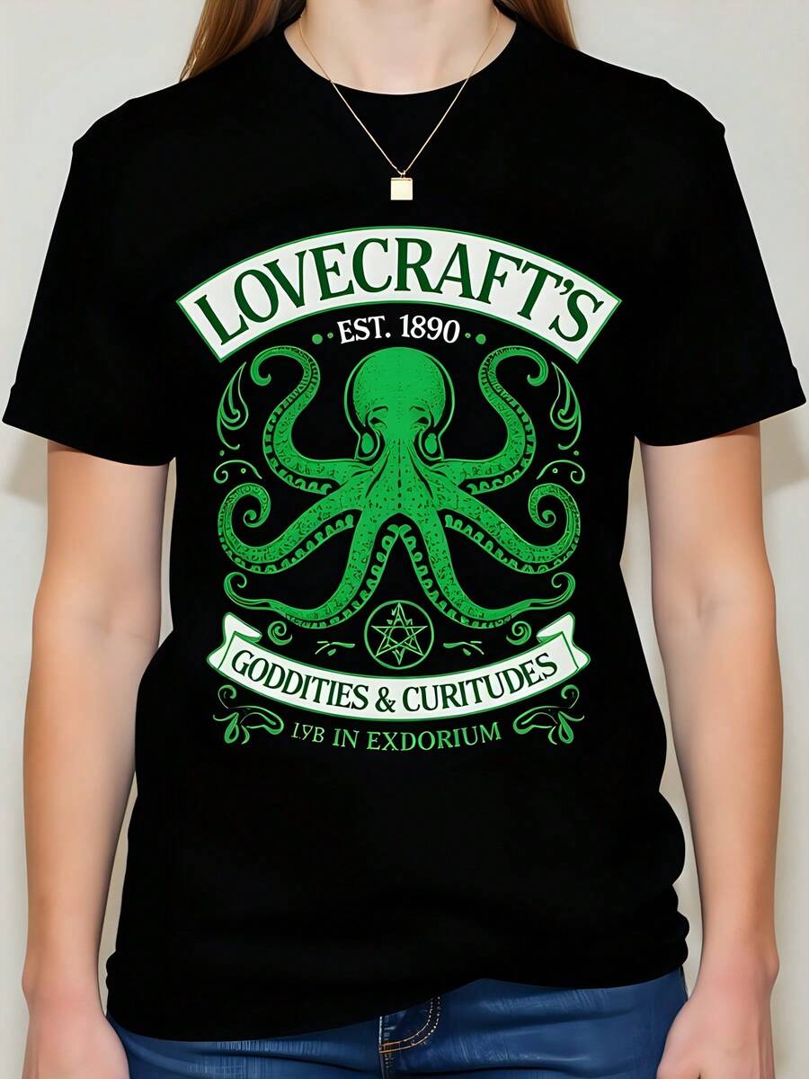 Camiseta de 180g de algodón, Lovecraft's, diseño de pulpo verde, cuello redondo, manga corta, estilo vintage, llamativa y única, prendas con impresión de alta calidad, ideal para los amantes del misterio, moda cómoda y auténtica, perfecta para el día a día con toque geek. - Negro - Ver 1