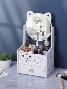 1 Stück Kosmetikspiegel mit Schubladen, zweistöckige Aufbewahrungsbox, staubdichter Make-up Organizer Regal, Tischspiegel mit Fächern