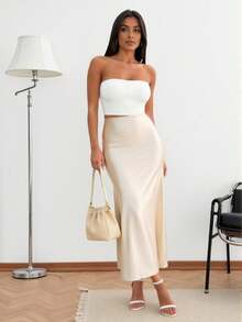 Falda satinada a la cintura ajustable midi   Liso    Casual    Satén    En Textura    satinada brillante casual elegante verano   Casa  Playa  Noche de fiesta  Vacaciones  Oficina  Diario  Fiesta de Cumpleaños  Fiesta de Bienvenida al Bebé  Jardín  Formal y de noche  Sesión de fotos  Calle  viaje  fiesta del té    verano - Beis - Ver 1