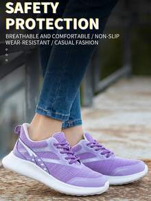 1 pereche de pantofi de lucru violet cu vârf din oțel pentru femei, ușoare, rezistente la perforații, alunecare, respirabile, cu talpă EVA, cizme de lucru pentru siguranță, pantofi de drumeții confortabili, fabrică, pantofi de lucru în aer liber, depozite MAX Gifts