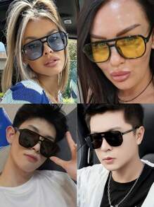 Unisex Tortoise Shell Color Square Frame Double Bridge Pilot Style Fashion Glasses For Vacation Boho Shades Beach Accessories, Suitable For Summer Sun Protection, Beach Vacation, Outdoor Sports, Party, Self-Driving, Fishing, Cycling, Shopping And Taking Photos Accessories