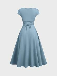 Glamful Elegant Commute Casual Basic Elegant Solid Color Knit Fabric Drawstring Summer Dress - Dusty Blue - View 3