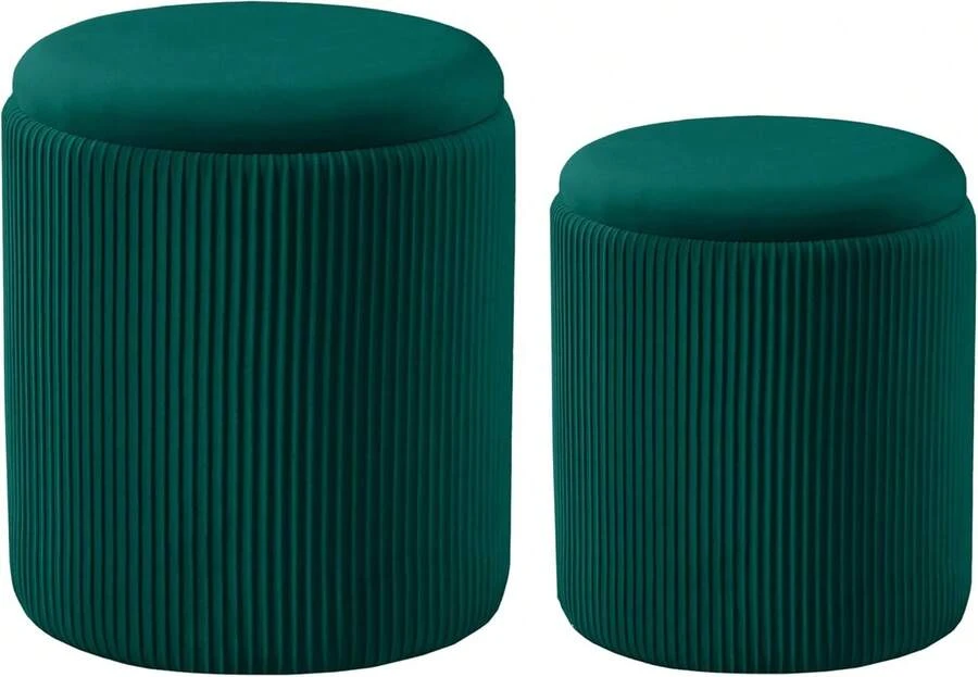 Round Ottoman With Storage Set Of 2 Upholstered Velvet Vanity Stool For Makeup Lines Support 300lbs Ottomans Multifunctional Foot Rest Coffee Table Padded Seat For Living Room&Bedroom-Green - Mint Green - View 1