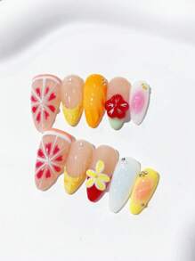 "10pcs Handmade Wearable Nail Art Set - Easy To Apply French Fruit Designs With Pearl Accent For Women And Girls, Perfect For Daily Life And Parties, Includes 2 Essential Tools"