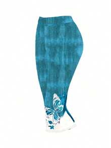 大码蓝色蝴蝶印花拼色 T 恤和裤子休闲 2 件套夏季 - 藍色 - 查看 3