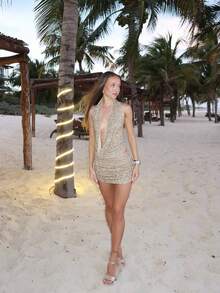 Women Sequin 2 Piece Outfit Sparkly Bodycon Sleeveless Halter Crop Top Split Mini Skirt Set Going Out Club Suit