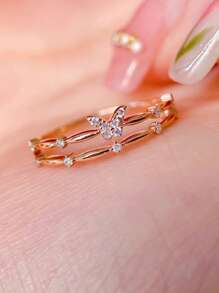 1 pieza Anillo de doble capa elegante de plata de ley 925 con diseño de mariposa y circonita cúbica, joyería de moda para uso diario/fiesta, regalo para mujeres