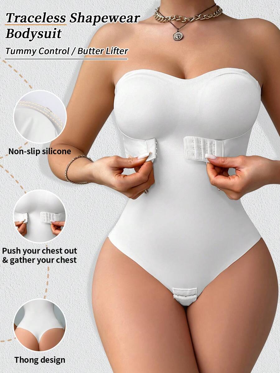 Women's Seamless One-Piece Shapewear Camisole Design, Front Closure, Anti-Slip, Waist & Abdomen Shaping, Snap Crotch - White - View 1