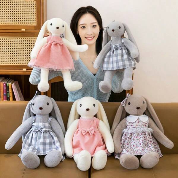 1pc Adorable Easter Bunny Doll - Super Soft Plush Doll With Gray And Pink Dress,Charming Comfort Gift Ideal For Young,Perfect For Easter Celebration