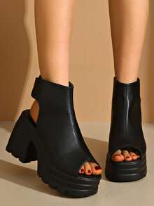 女士纯色时尚凉鞋，踝带厚底软底露跟鞋，露趾粗跟鞋