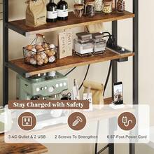 L-Shaped Bakers Rack With Power Outlet, 6-Tier Microwave Stand With Open Storage, Coffee Bar With Hooks, Mesh Grid, Kitchen Shelf With Wire Basket, Rustic Brown And Black - Brown - View 7