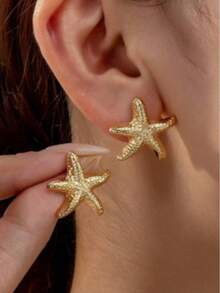 2 件欧美风格夸张时尚海星耳环，简约海星设计，女士耳环 - 金色 - 查看 2