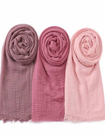 3pcs/Set Women's Solid Color Crinkle Muslim Headscarf Casual Head Wrap Hijab Scarf Set