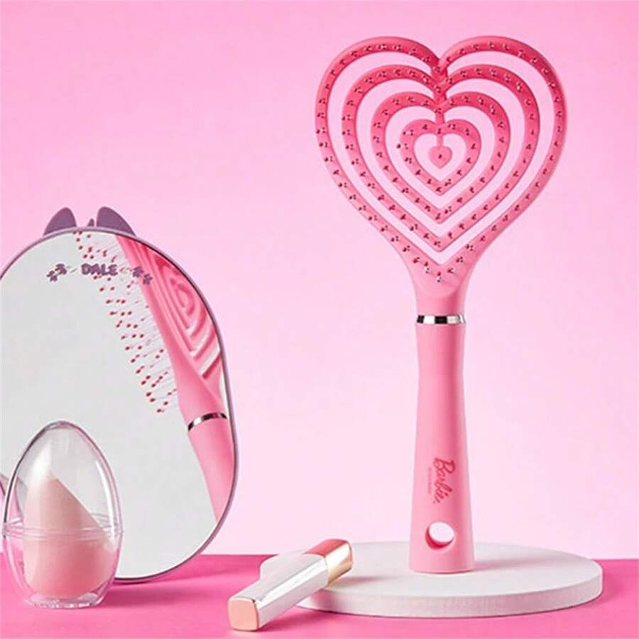 Miniso Barbie Series Heart-Shaped Fluffy Bone Comb Head Massage Artifact Detangling Brush Cute Standing Suspension Design Hair Brush For Curly Hair Thick Hairbrush Styling Tools - Pink - View 1