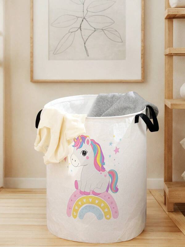 1 pieza Cesta de almacenamiento circular plegable de gran capacidad con estampado gráfico de dibujo animado de unicornio, asas, cesta de almacenamiento multipropósito para guardería, organización de productos para bebés, almacenamiento de pañales, almacenamiento de ropa, versátil cesta de almacenamiento