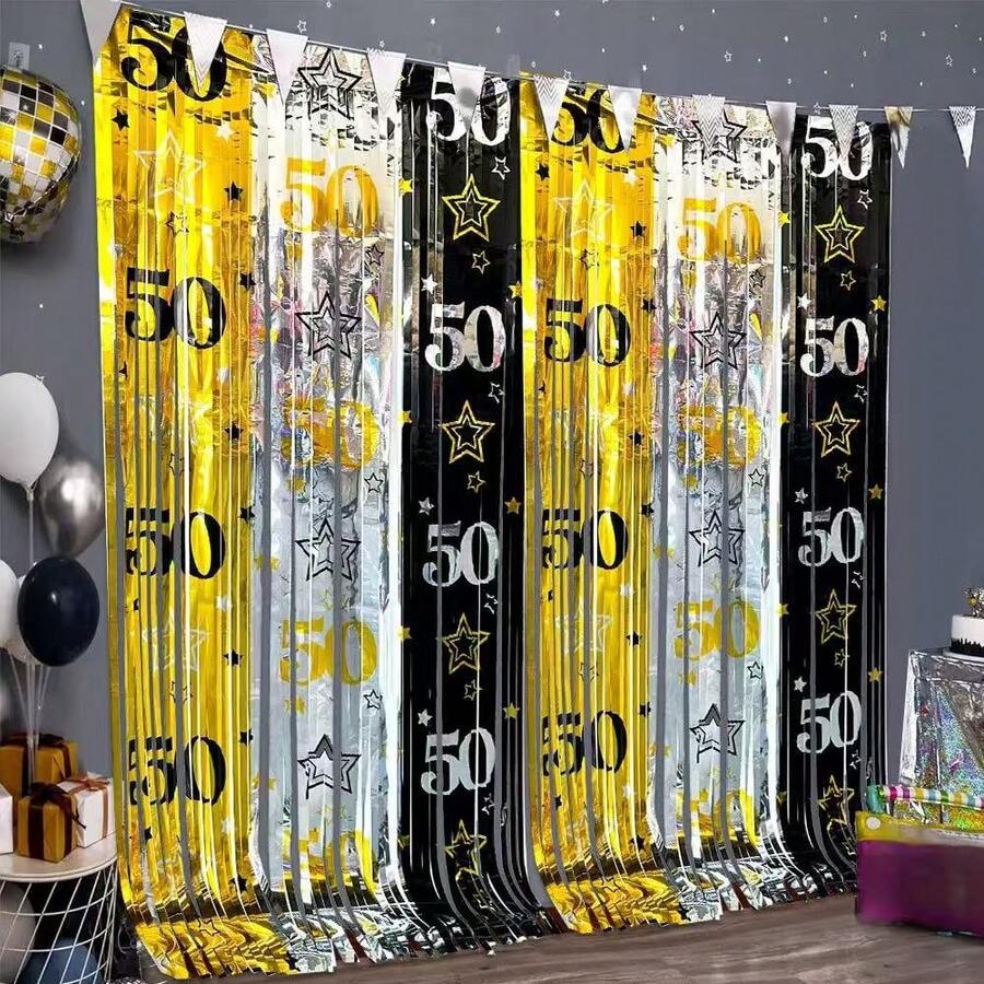 2Packs/4Packs 50th Birthday Party Decorations For Men Women 3.3x6.6ft Black Gold Silver Foil Fringe Streamers Happy 50th Birthday Party Backdrop Decorations 50 Years Old Birthday Party Supplies 50th Anniversary Party Background Decorations