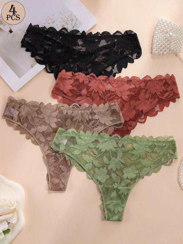 Aofeiqike 4 Packs Premium Seamless Women's Bikini Briefs | Sexy Floral Lace Thongs | Breathable Olive Green Summer Lingerie