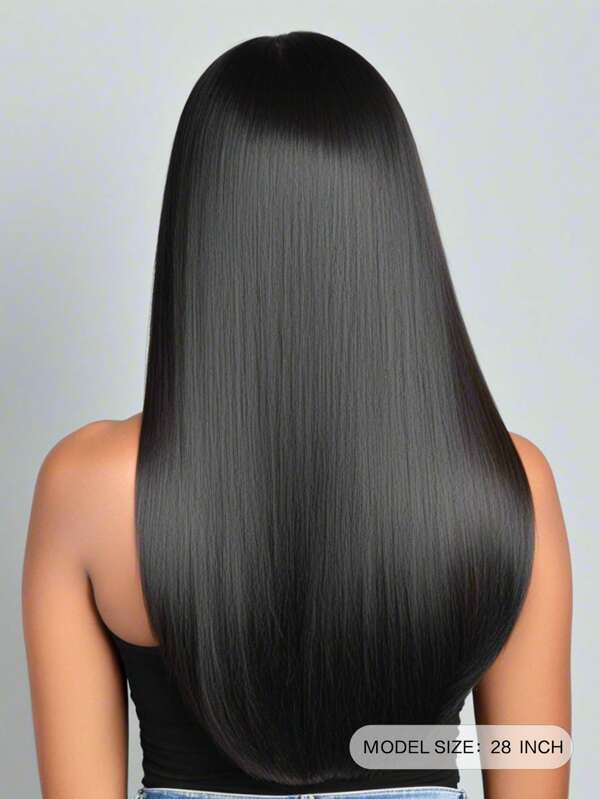 28-Inch Black Mid-Length Wig With Center Part - High Density, Heat Resistant Fiber, Elegant Style For Daily Wear And Parties, Everyday Hairpiece|Sleek Faux Hair|Durable Wig