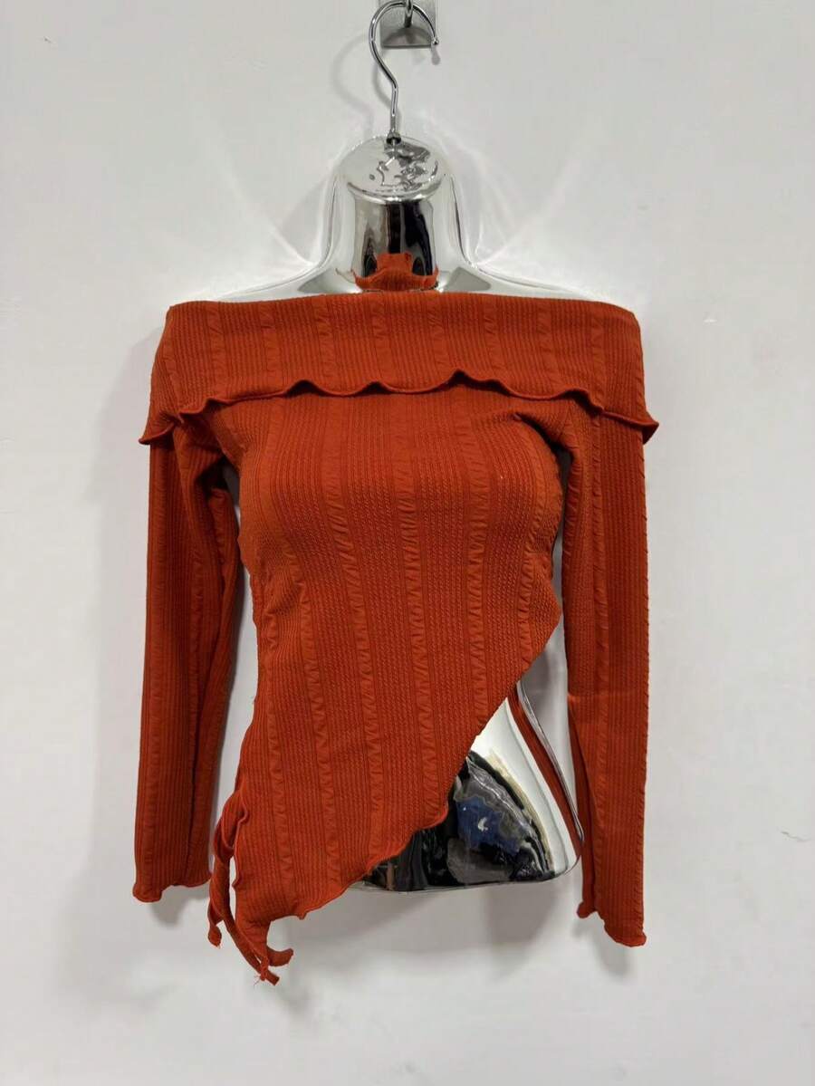 Women's Long Sleeve Off-The-Shoulder Blouse, One Size - 亮橙色 - 查看 1