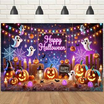 Polyester Fiber Halloween Background Banner, Horror Pumpkin & Ghost Design, General Use, No Electricity Required, Suitable For Birthday, Photo Booth & Outdoor Celebration, Christmas & General Holiday Decor