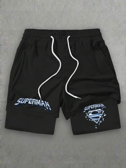 Warner Bros Men's Summer Casual Breathable Superman Graphic Print 2 In 1 Sports Shorts