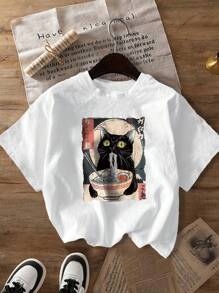 Summer Women Cartoon Black Cat, Noodles, Geometric Pattern Letter Pattern T-Shirt