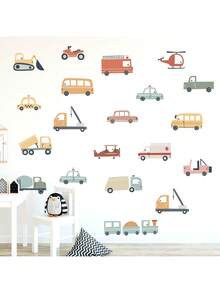 Cartoon Construction Vehicle Wall Decals For Kids Room - Truck & Digger Theme Removable Peel And Stick Nursery Bedroom Decor | Home Decoration Educational Bedroom Stickers With Dump Truck, Cement Mixer & Crane - Multicolor - View 5