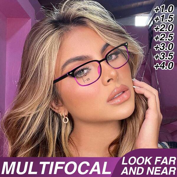 1pc Classic Multi-Focus Reading Glasses, 2-In-1 Progressive Function Lens, Ultra-Light Frame With Flexible Temples For Comfortable Wear, Fashionable Black & Purple Design