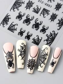 FULL BEAUTY 怪异黑白蜘蛛万圣节指甲暗色心形蜘蛛网蝙蝠美甲贴纸星月 Y2K 涂鸦卡通可爱滑块设计指甲贴花万圣节派对 DIY 饰品装饰指甲用品 - 黑與白 - 查看 8